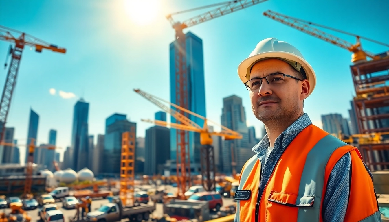 New York Construction Manager supervising an active construction site with urban skyline.