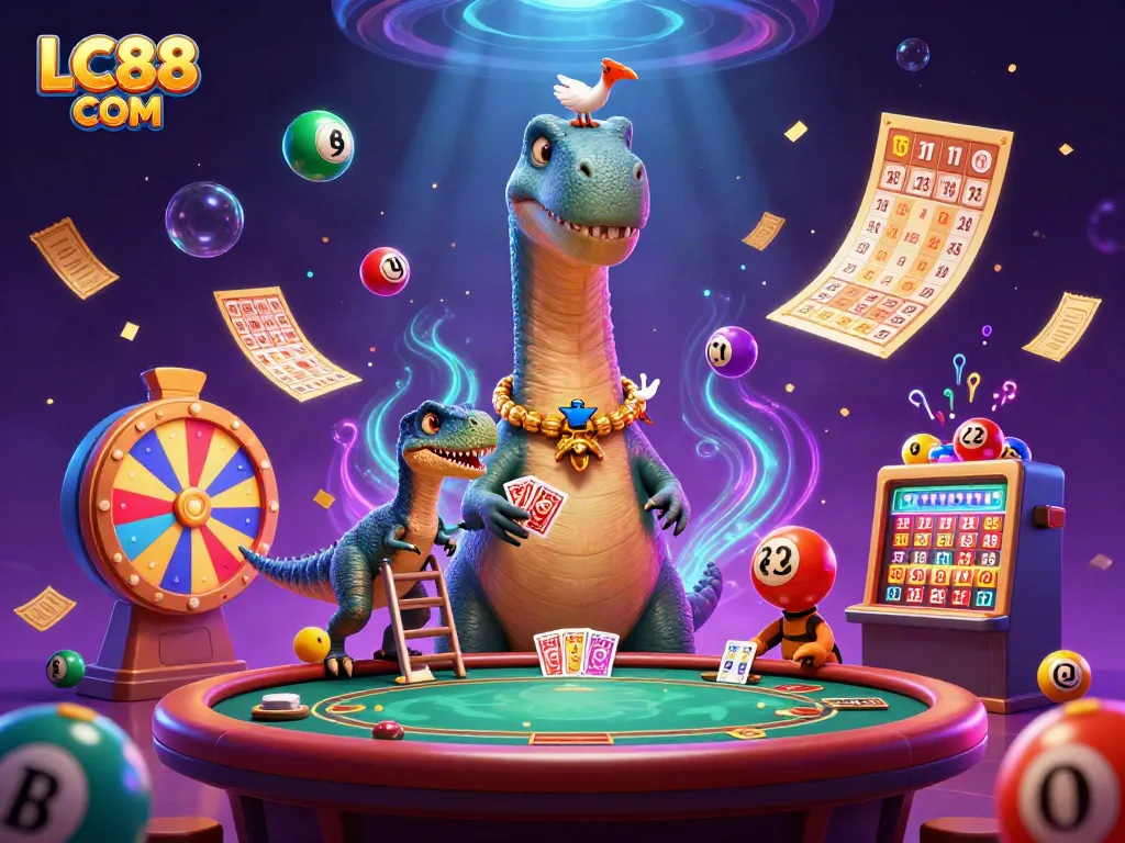 Experience thrilling gameplay at LC88 COM, featuring a giant brontosaurus amidst vibrant casino elements.