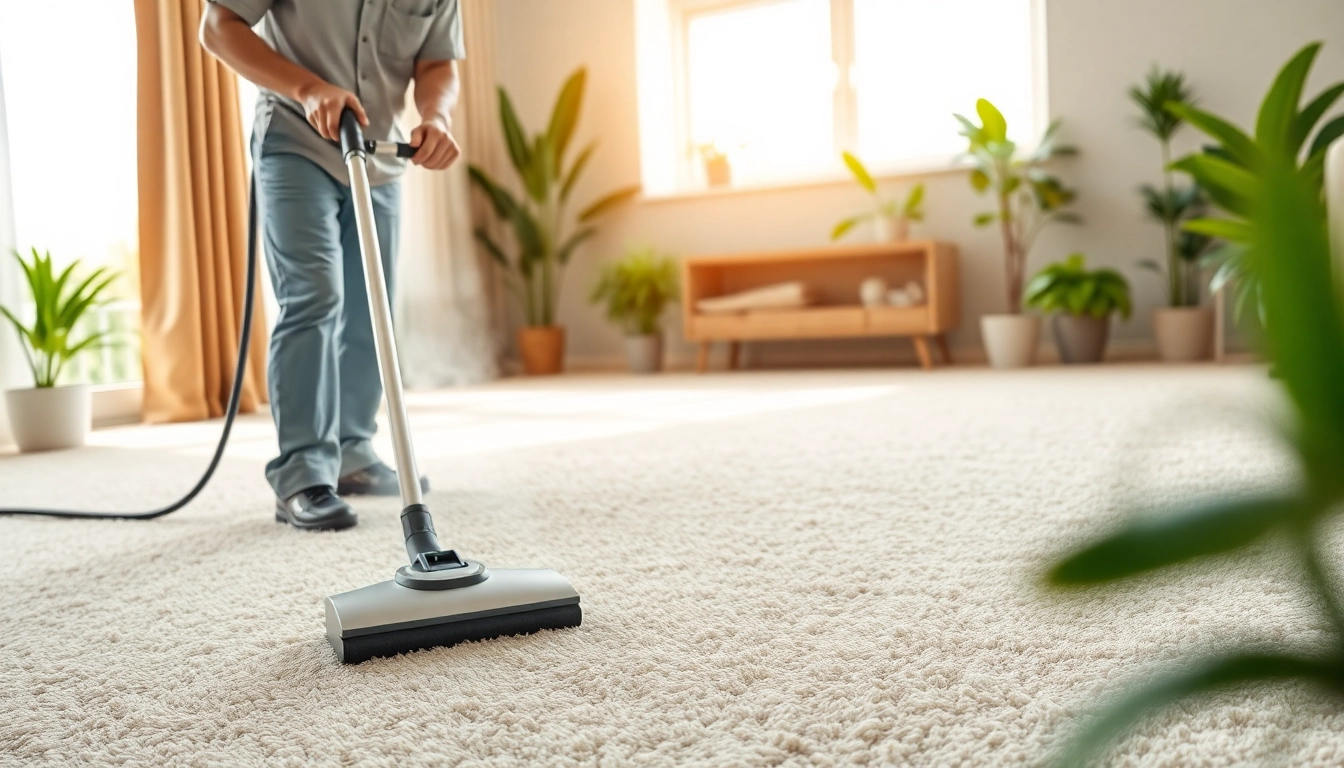 Technician demonstrating carpet cleaning business techniques in a bright living room.