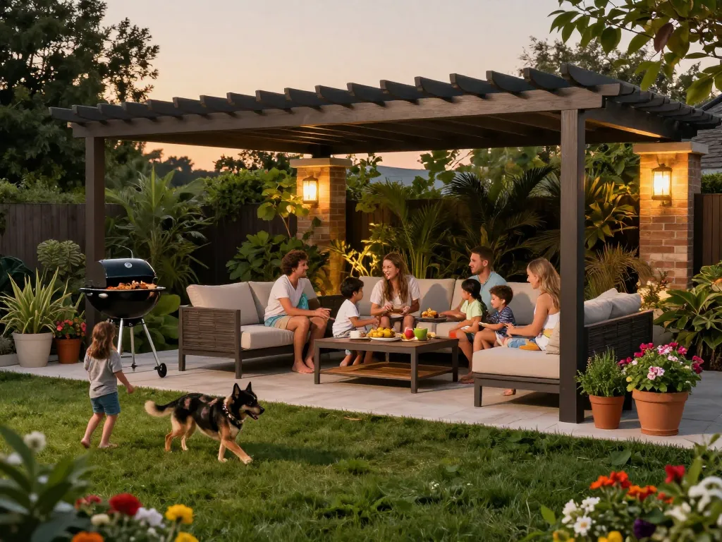 Outdoor living configurator scene with a family enjoying a cozy patio under a pergola, surrounded by greenery and lighting.