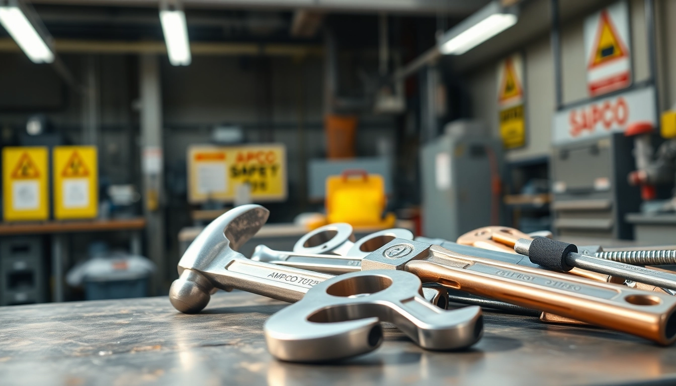 A collection of AMPCO safety tools showcasing their non-sparking features in a professional industrial workspace.