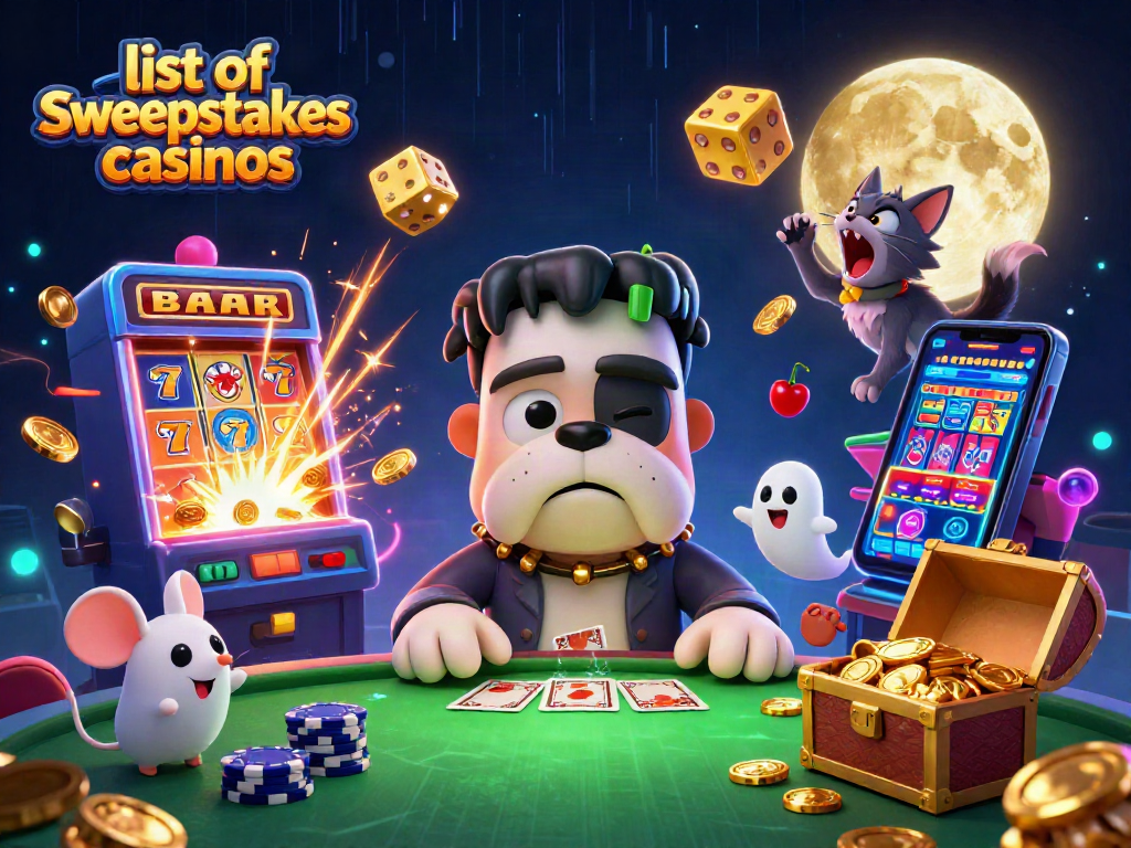 Engage with the thrilling list of sweepstakes casinos illustrated by a cartoon bulldog and ghost mouse.