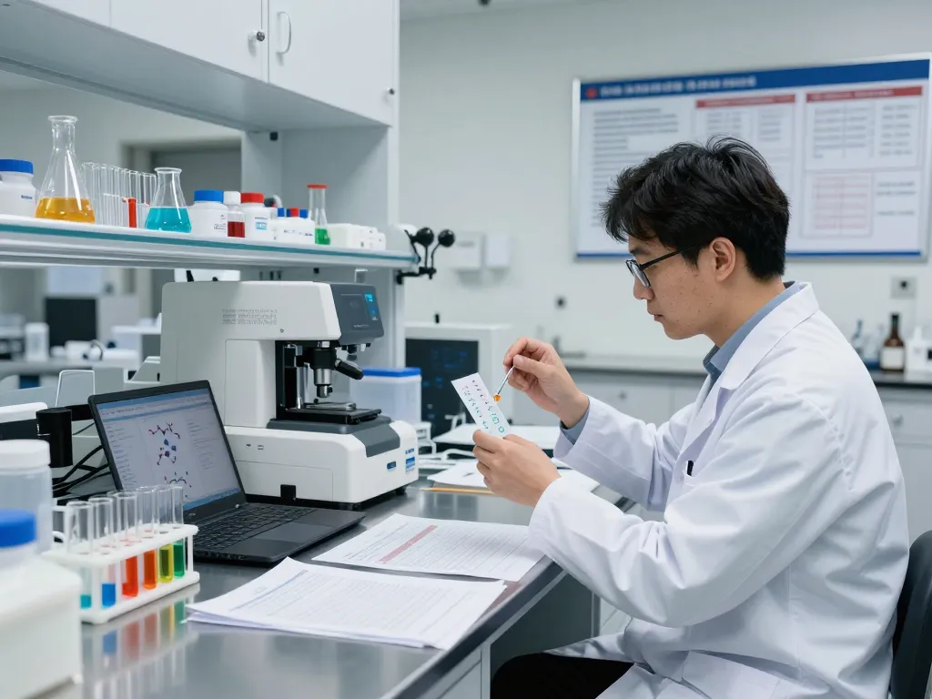 Scientist in a lab analyzing samples explains where to buy 5-amino-1mq peptide in a dynamic research environment.