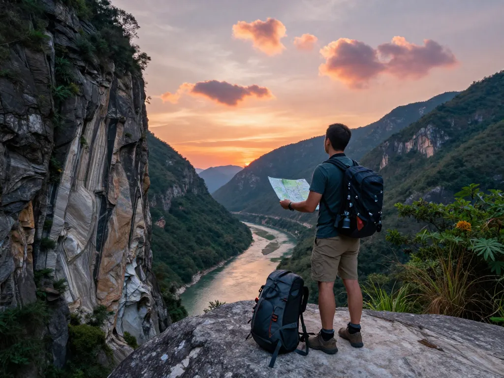 Expansive view of Taroko Gorge National Park at sunset, showcasing marble cliffs and a hiker planning their adventure.