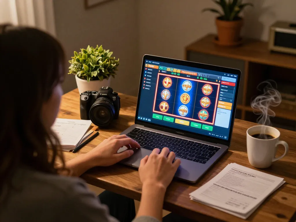 Engaging in online gameplay at SC88VN, player focused on slot game interface with cozy home setting