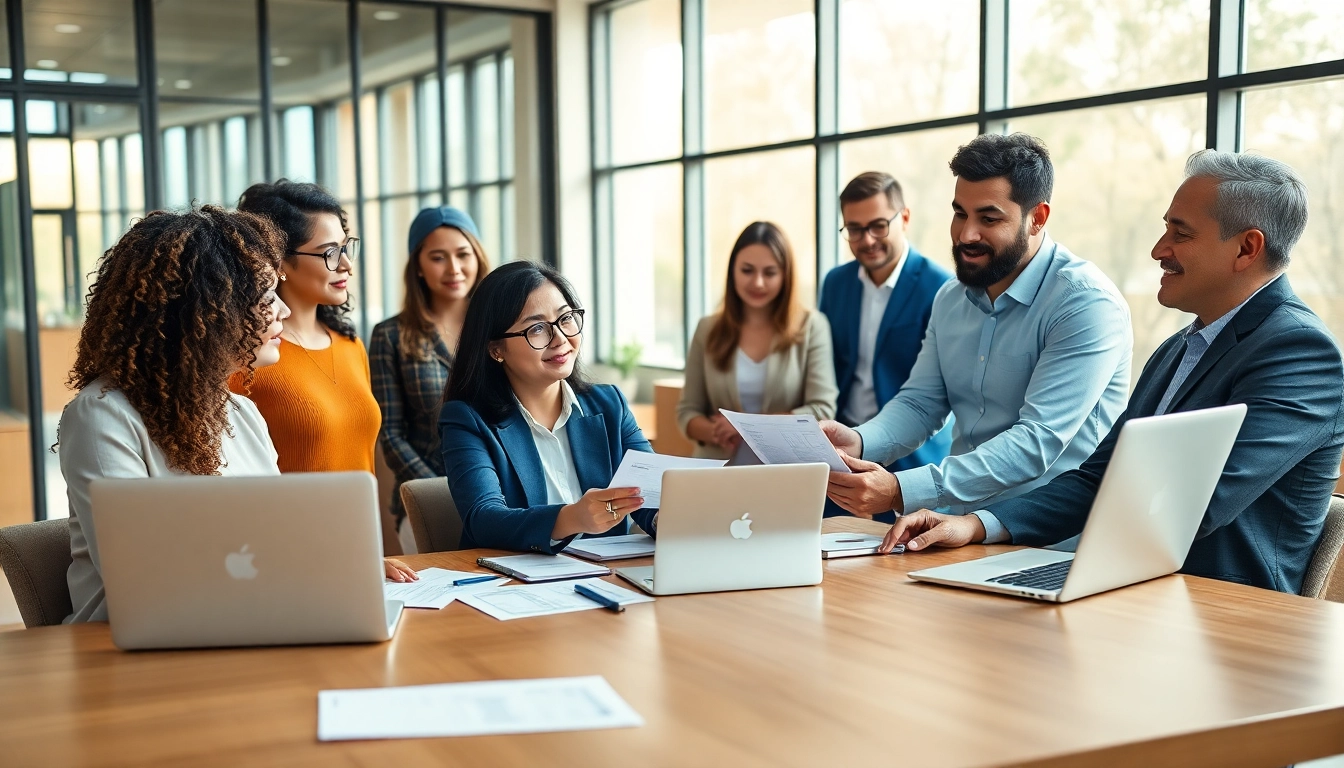 Certified financial advisor guiding clients in a modern office with engaging discussions.