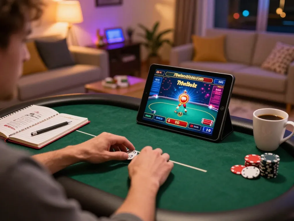Player engaging in poker game on tablet reflecting 78winbizcom's immersive online casino experience.