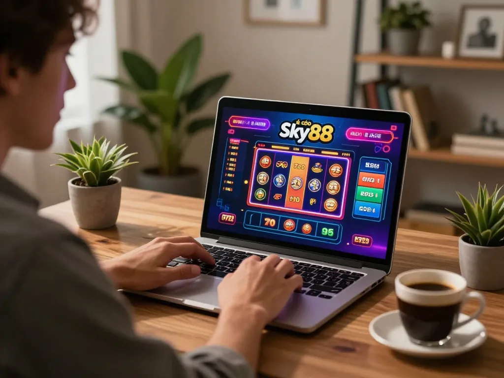 Cá cược Sky88 engaged through colorful online slot graphics and cozy home office ambiance.