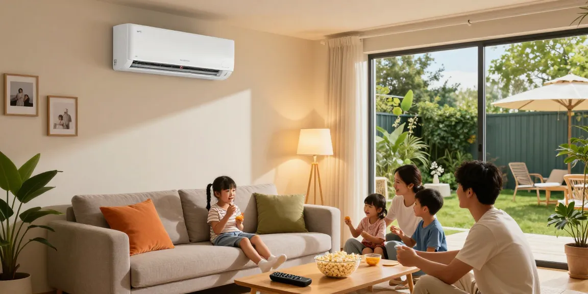 Home living room with a 24000 btu mini split air conditioner, family enjoying movie night.