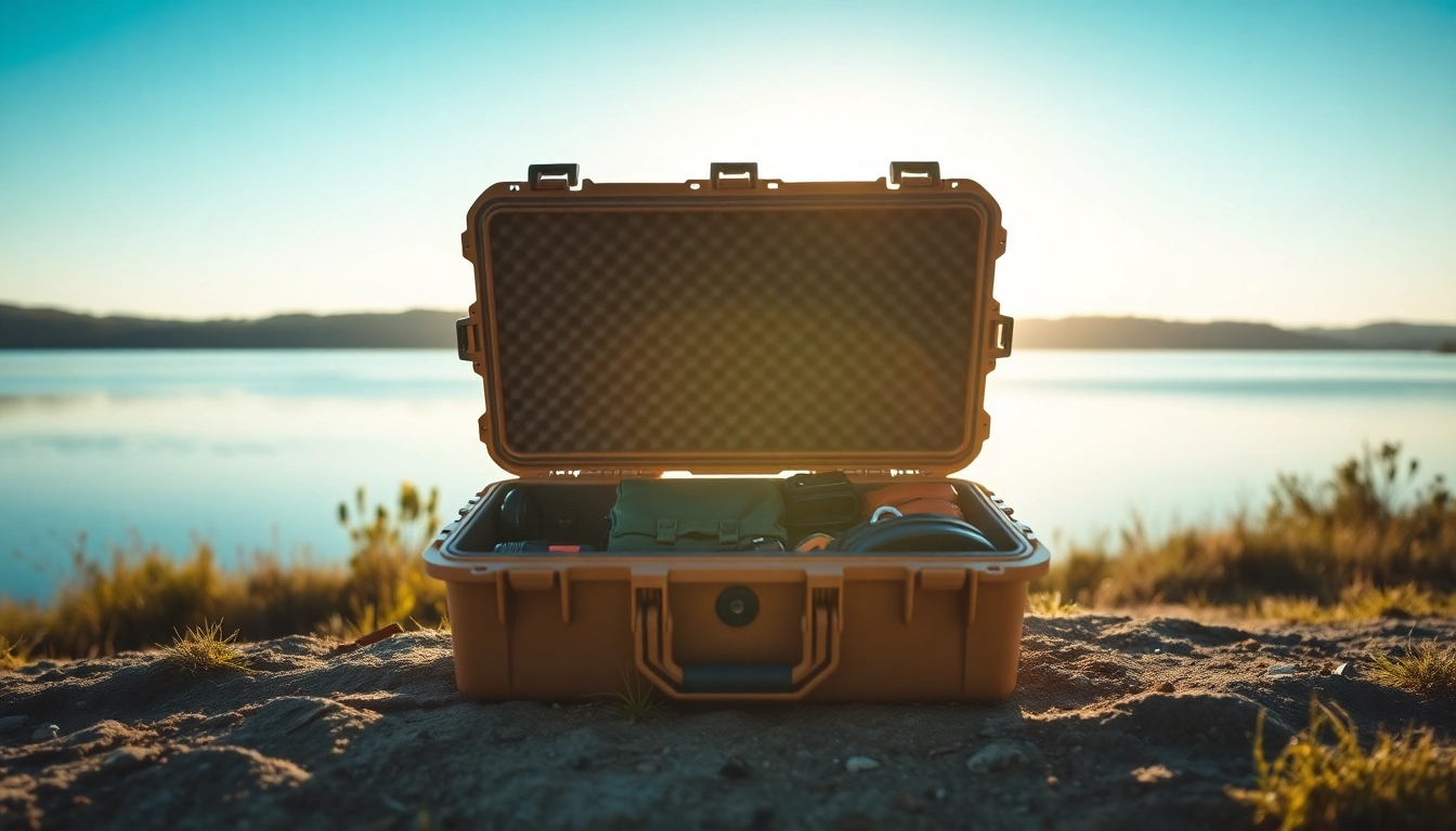 View pelican gun case for sale with camping gear in a scenic outdoor setting.
