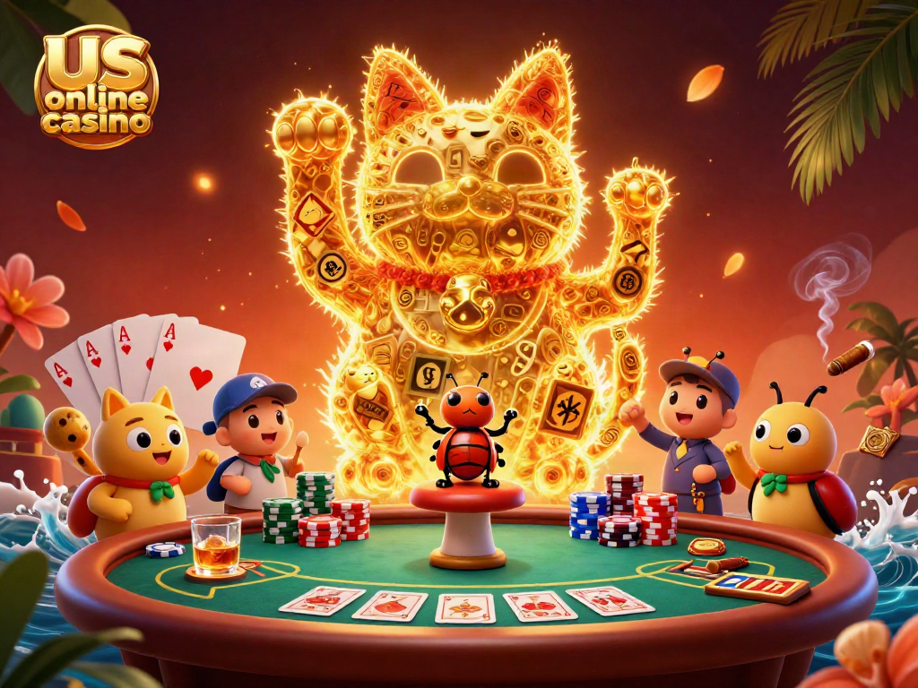 Experience the thrill of us online casino games with a giant lucky cat and golden fireflies.
