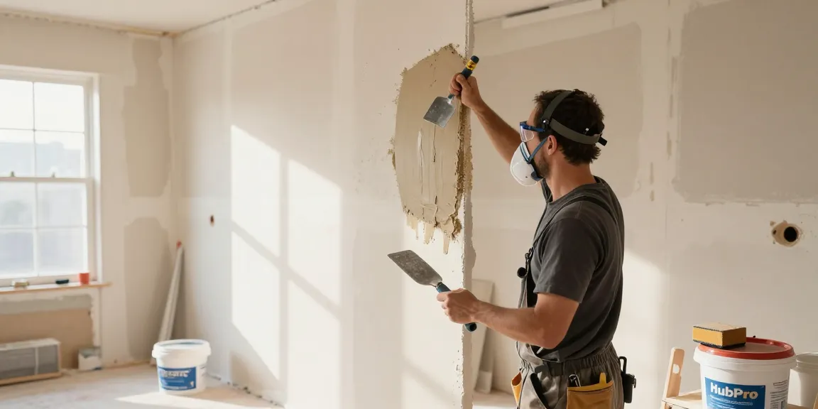 HubPro drywall team member expertly applying drywall mud in a modern home renovation