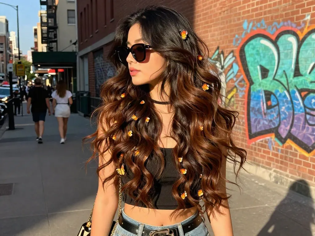 Showcasing butterfly weft hair extensions in a fashionable urban setting, highlighting volume and shine.