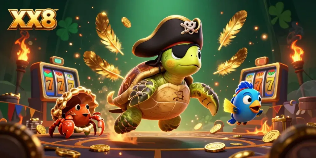 Engage with the thrilling XX8 casino experience featuring pirate-themed characters amidst scattered gold and slot machines.
