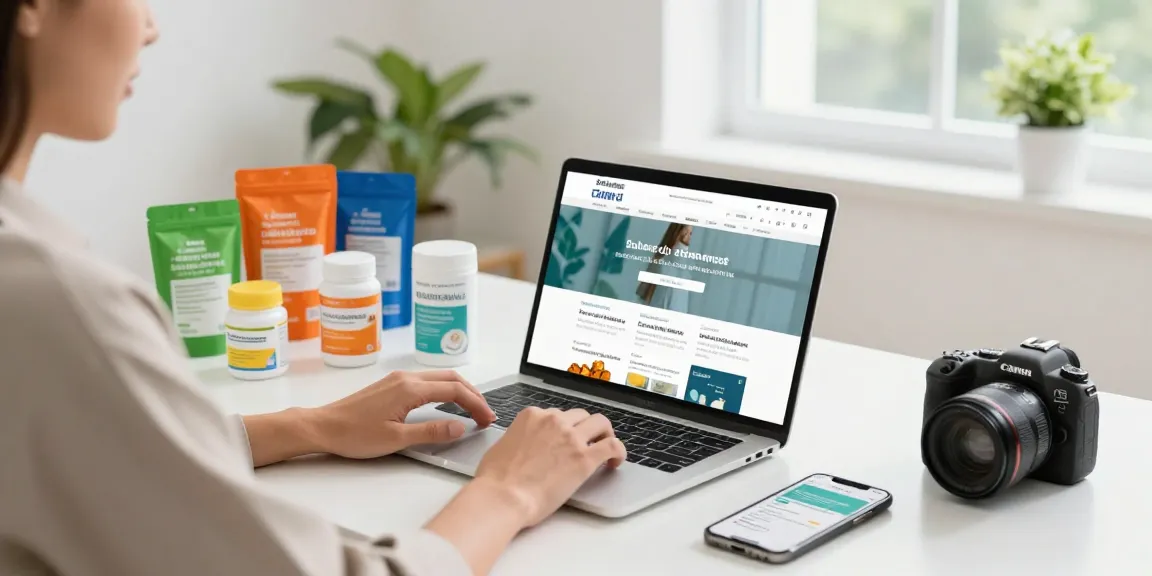Buy ketamine online in a modern pharmacy e-commerce workspace, showcasing colorful health product packaging and a person engaged in shopping.