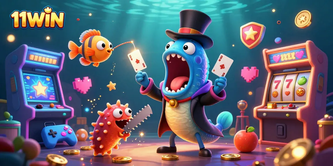 Enjoy thrilling card tricks with 11WIN's deep-sea characters in a vibrant casino illustration.
