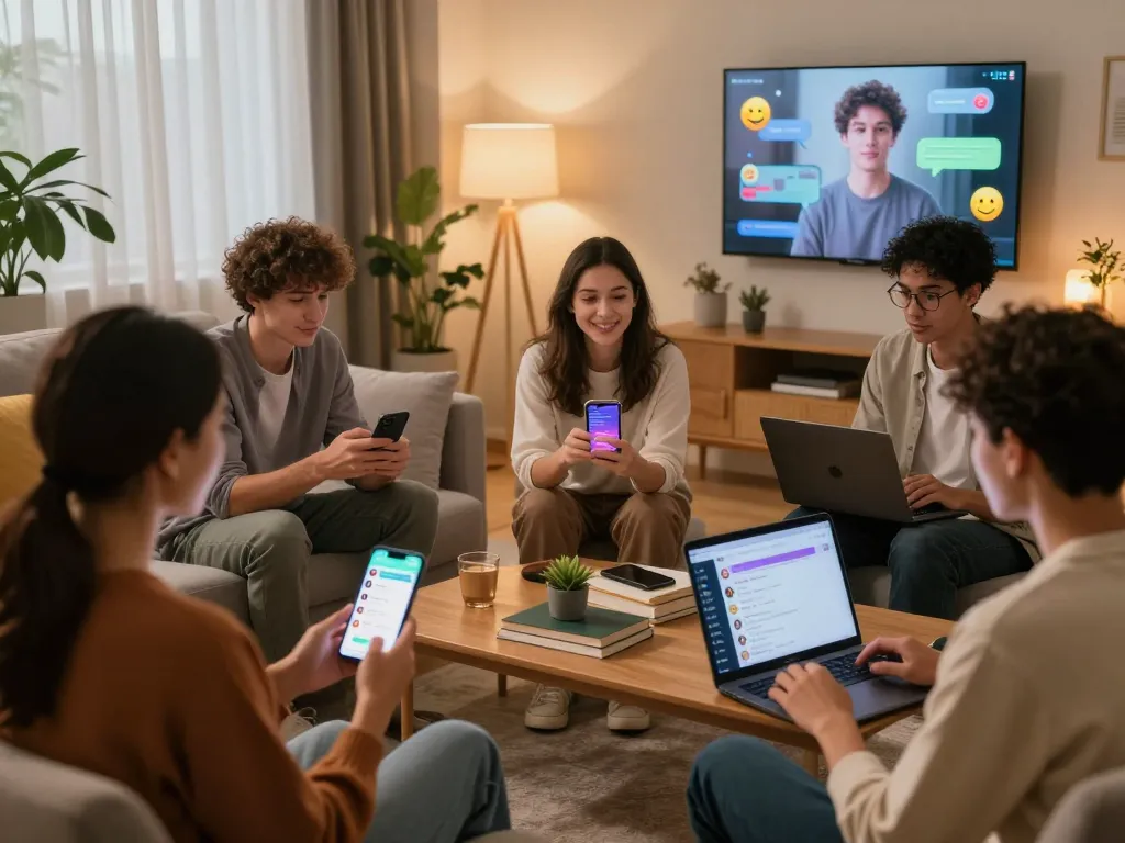 Users engaging in free AI sex chat on various devices in a cozy, tech-forward environment.