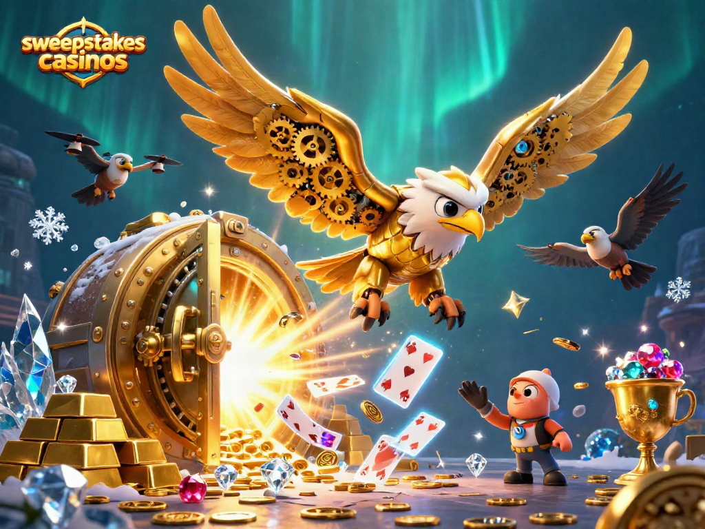 Experience sweepstakes casinos with an energetic scene of cybernetic eagles and treasures.