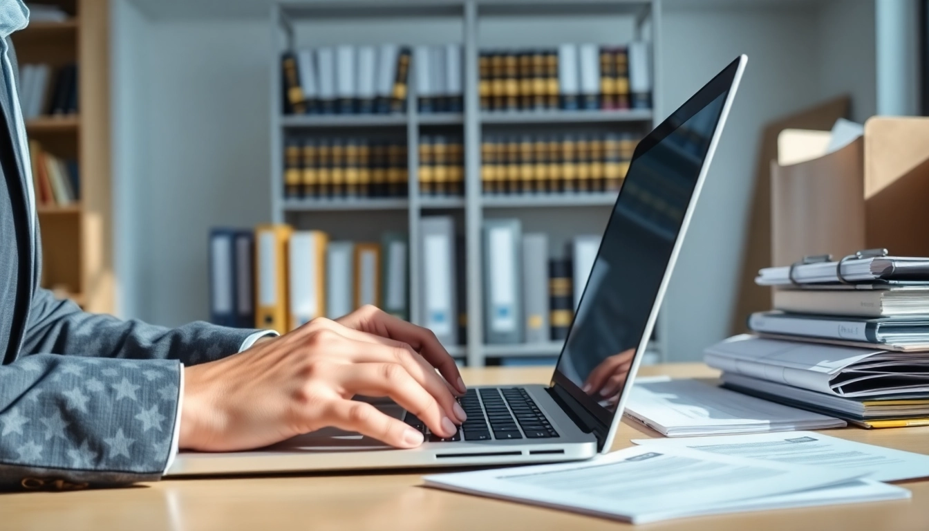 Consultant performing registration and certification in Federal databases in a modern office.