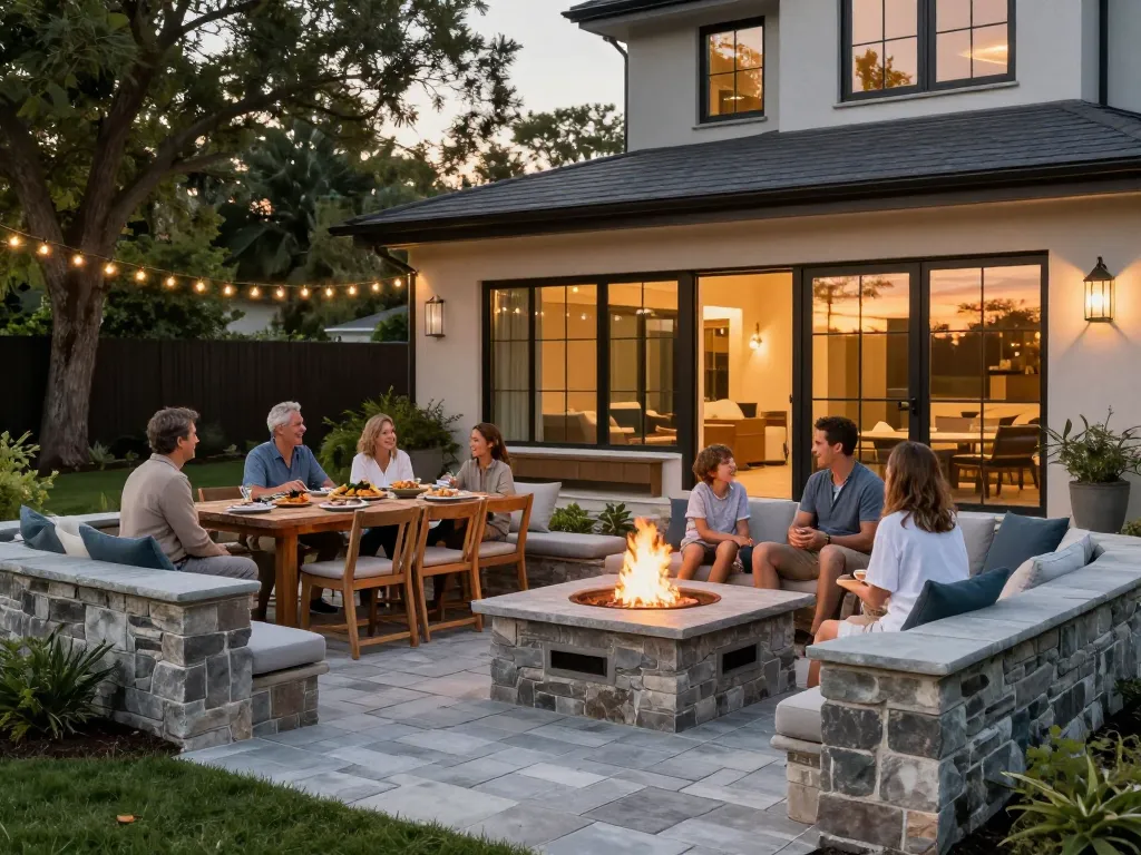 Stylish outdoor paver patio with fire pit and family gathering, showcasing pavers near me, in an elegant backyard.
