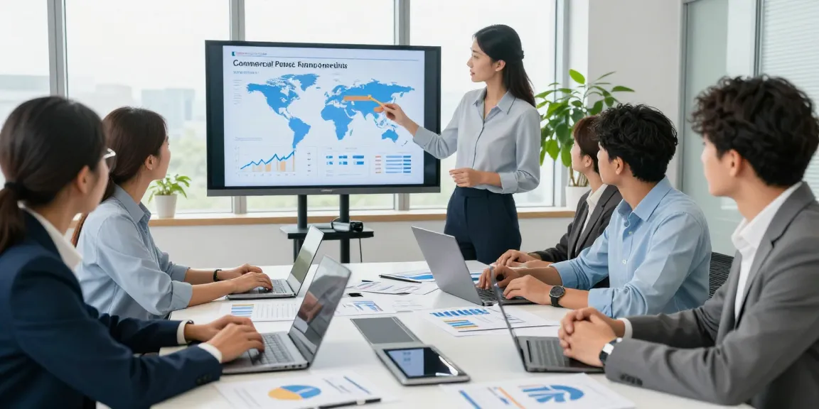 Collaborating professionals discussing worldwide commercial project finance strategies in a modern office.