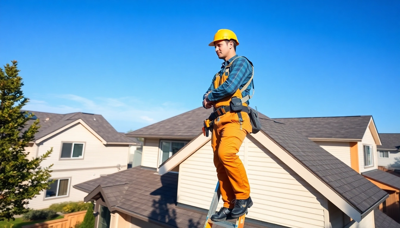 Roofing contractor assessing a residential property, showcasing expertise and safety.
