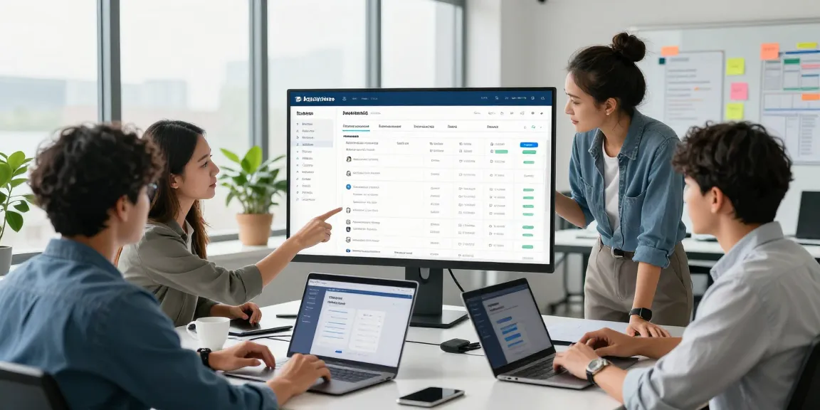 Collaborative team using a service business automation platform with real-time job tracking and analytics in a modern office space.