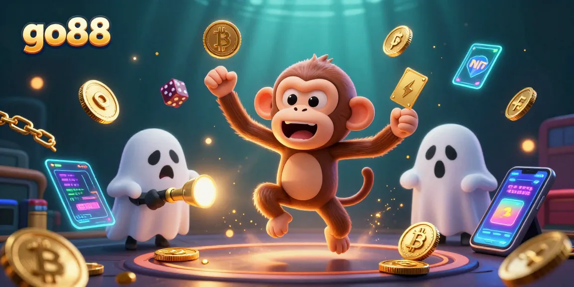 Engage in thrilling gambling action with go88, as a mischievous monkey clutches golden treasures in a vibrant casino setting.