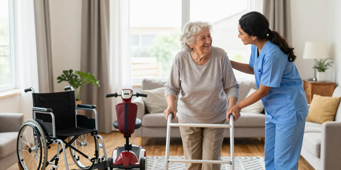 Buy nobility aids showcased in a warm home setting with caregiver assisting elderly woman using a walker.