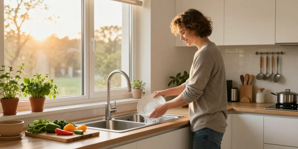 Homeowner washing dishes at a kitchen sink in stainless steel, surrounded by fresh herbs in a modern kitchen.