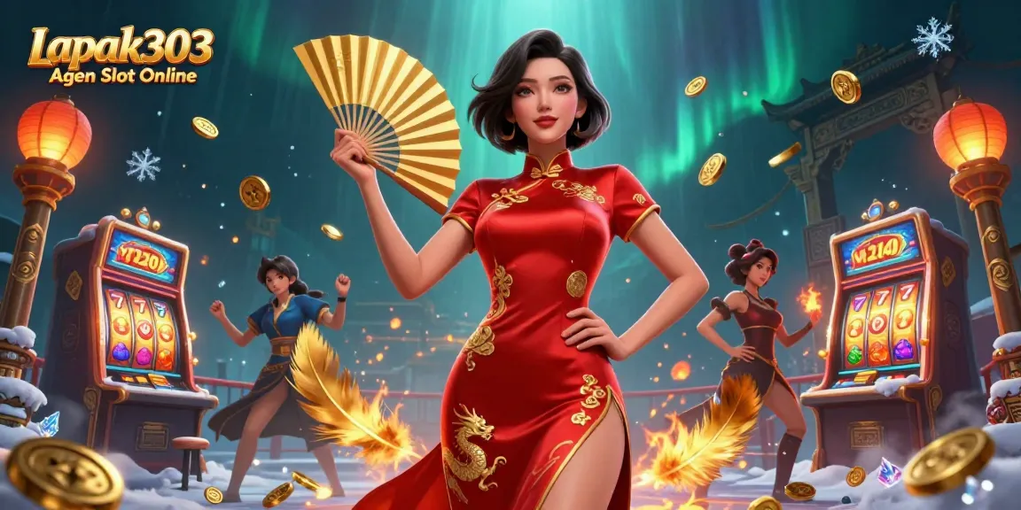 Play slots with excitement at Lapak303 Agen Slot Online, featuring a captivating Asian lady amidst golden coins.