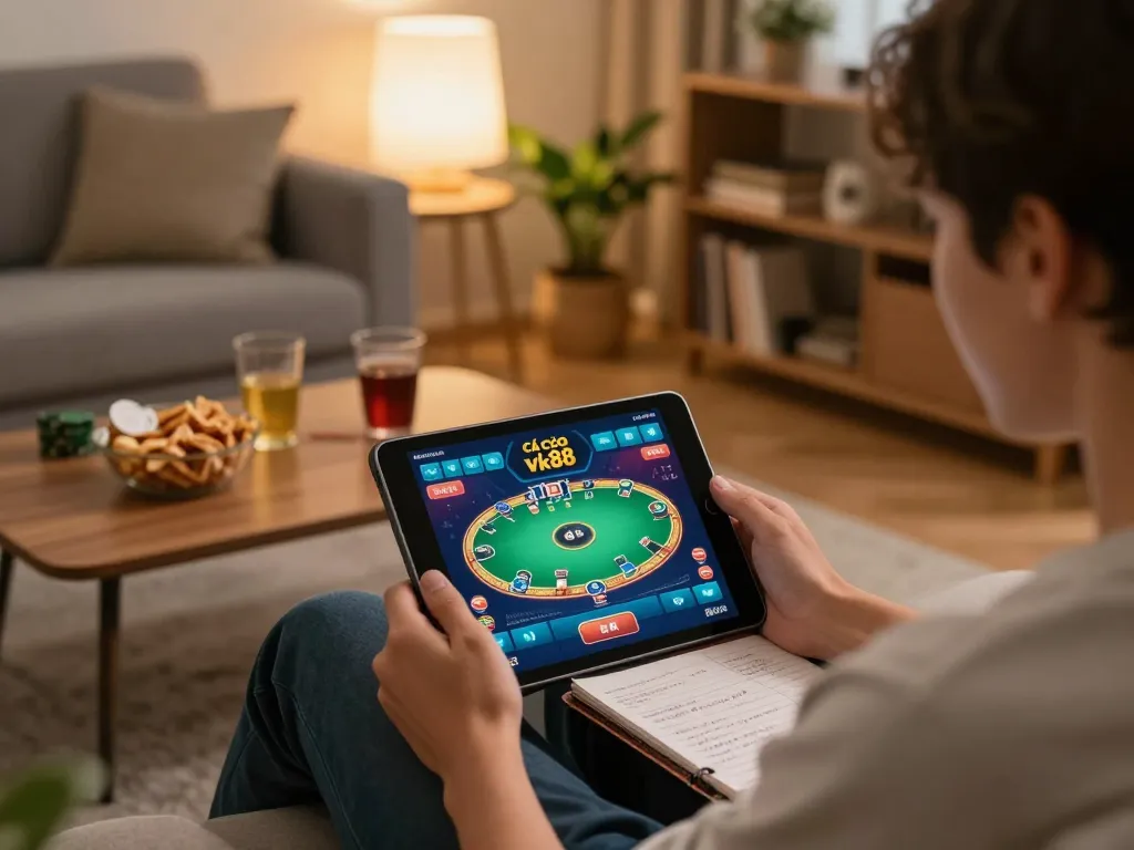 Cá cược Vk88 online gaming experience with a person focused on poker gameplay on a tablet in a cozy living room.