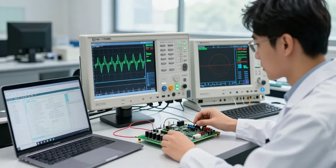 Engineer utilizing a 100~110MHz Oscilloscope in an electronics testing lab, showcasing precision and advanced signal analysis.