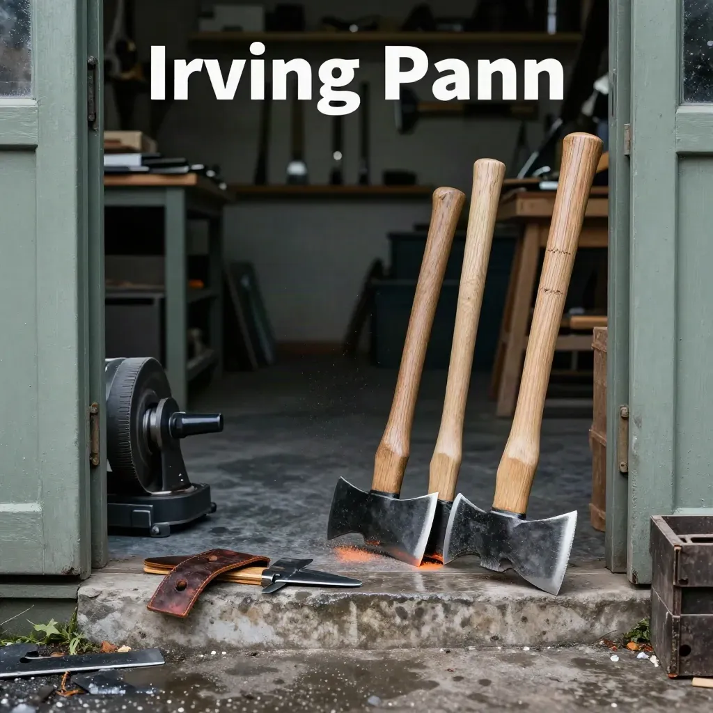 Sharpened axes, strop, grinder wheel and hickory handles in a rainy shop doorway