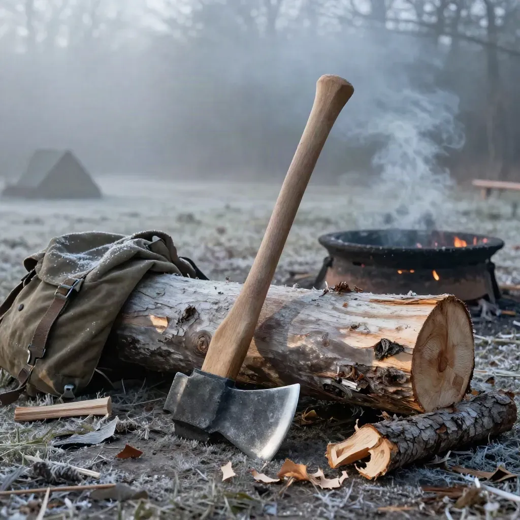 Restored camp axe by a split log with shavings, canvas pack, fire ring, and morning mist.