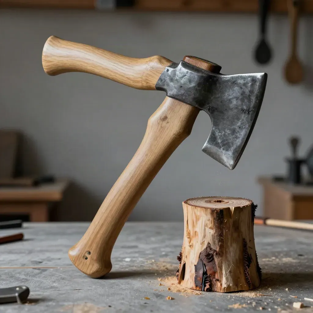 Old hatchet with new hickory handle beside leather loop and stump, lit in an editorial macro.