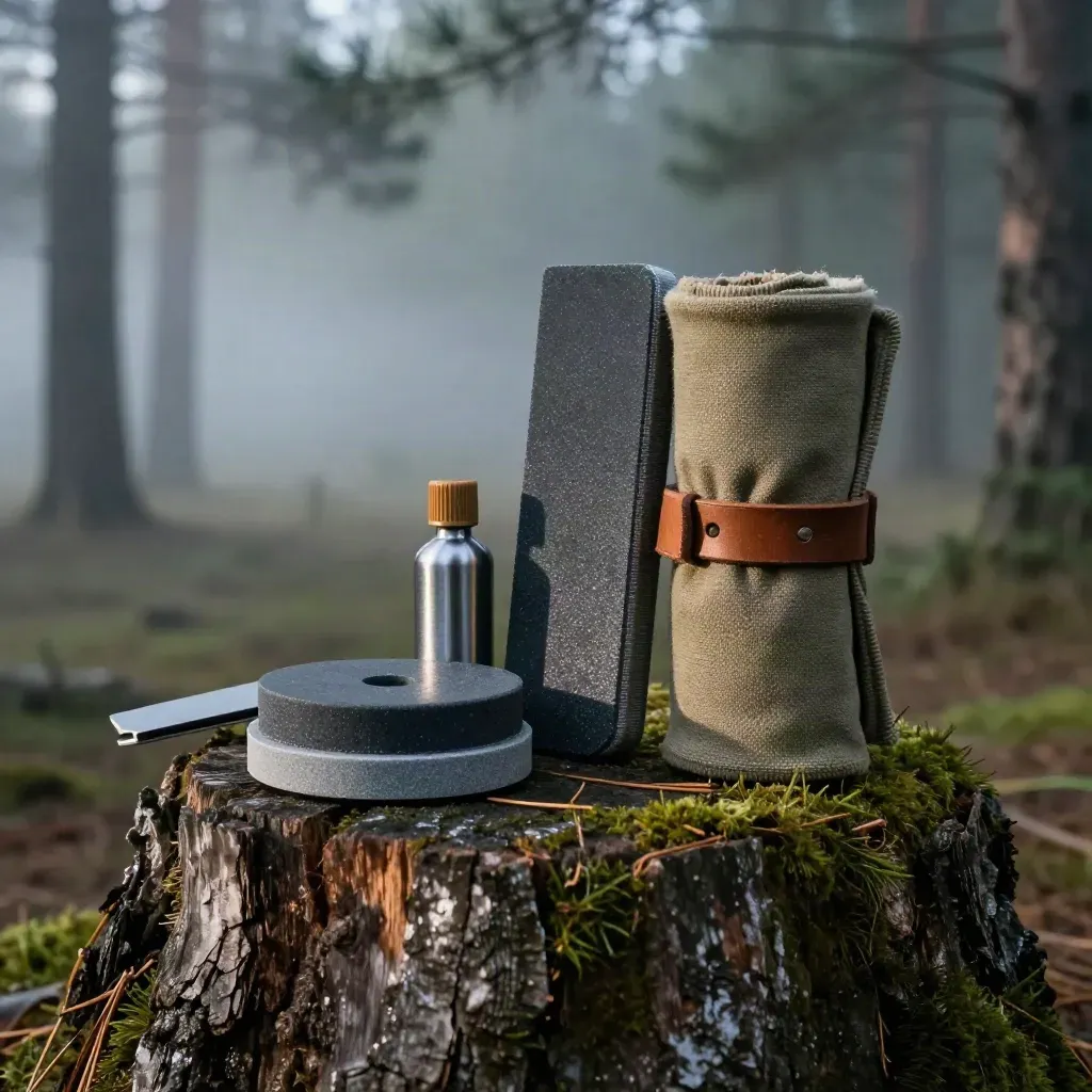 Field sharpening kit on a stump in dawn mist, with stone, oil, guide, and canvas roll.