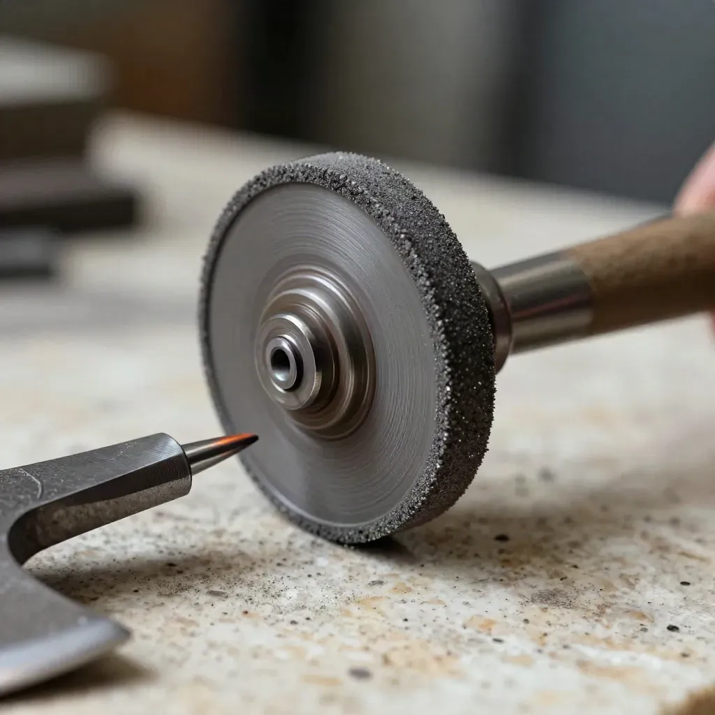 Macro of a grinder wheel, axe head profile gauge, and steel curls on a stone workbench.