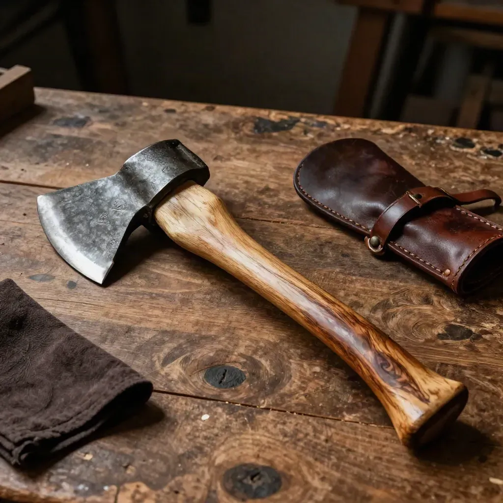 Restored inherited axe on a worn oak bench, lit dramatically from the upper left.