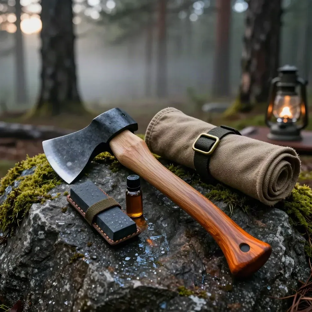 Bushcraft kit with sharpened axe, stone, oil bottle and canvas roll on mossy rock.