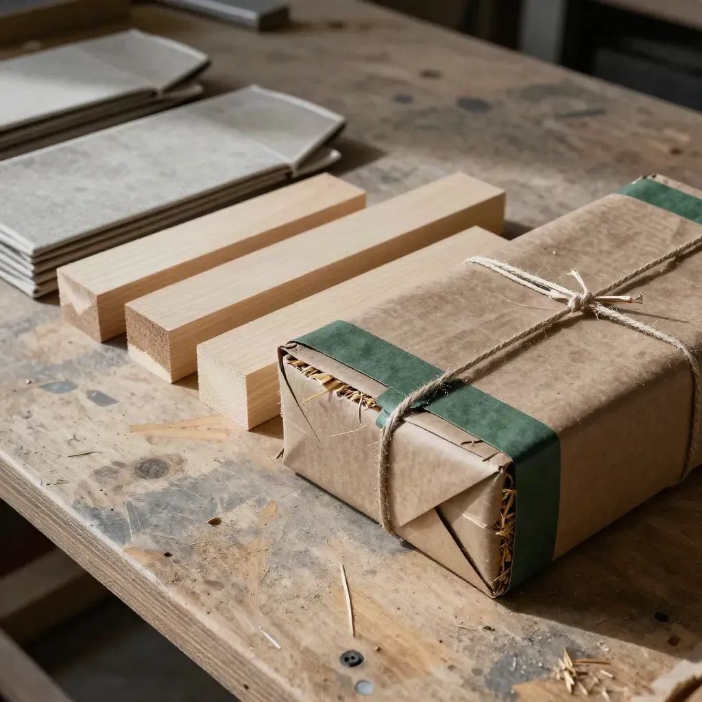 Canvas sleeves, cedar blocks, and a wrapped crate corner on a packing bench.