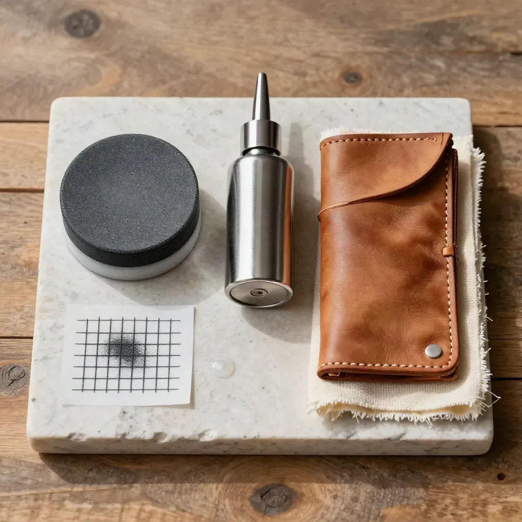 Field sharpening kit arranged on pale stone with stone, oil bottle, pouch, and rag.