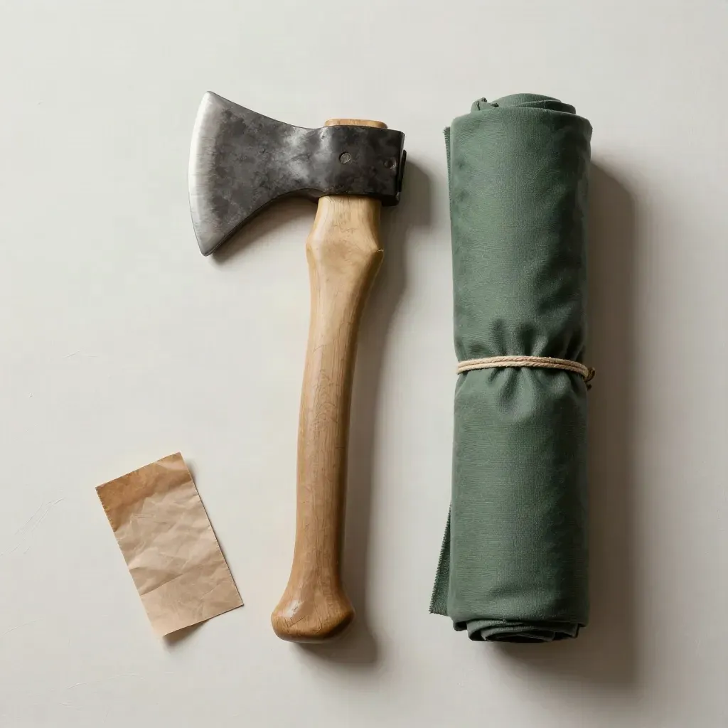 Wrapped axe head in shipping sleeve with foam corners and canvas roll on pale plaster.
