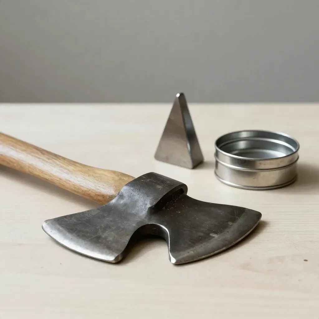 Axe head, wedges, and parts tin on pale wood in soft side light.