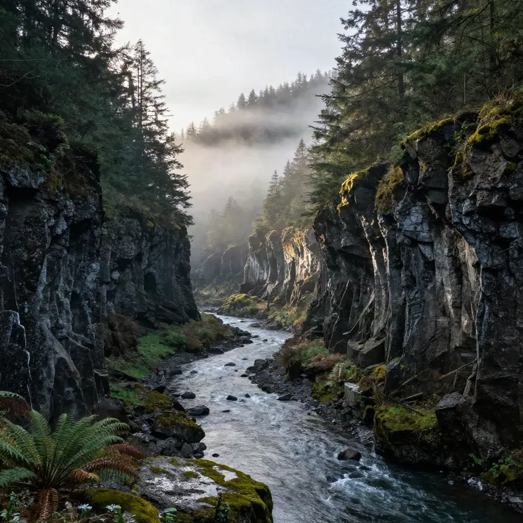 Misted cedar canyon at dawn with basalt walls and a still river below.