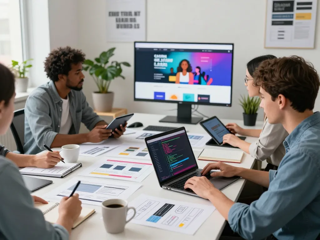 Hire web designer in a creative office with team collaboration and digital mockups.