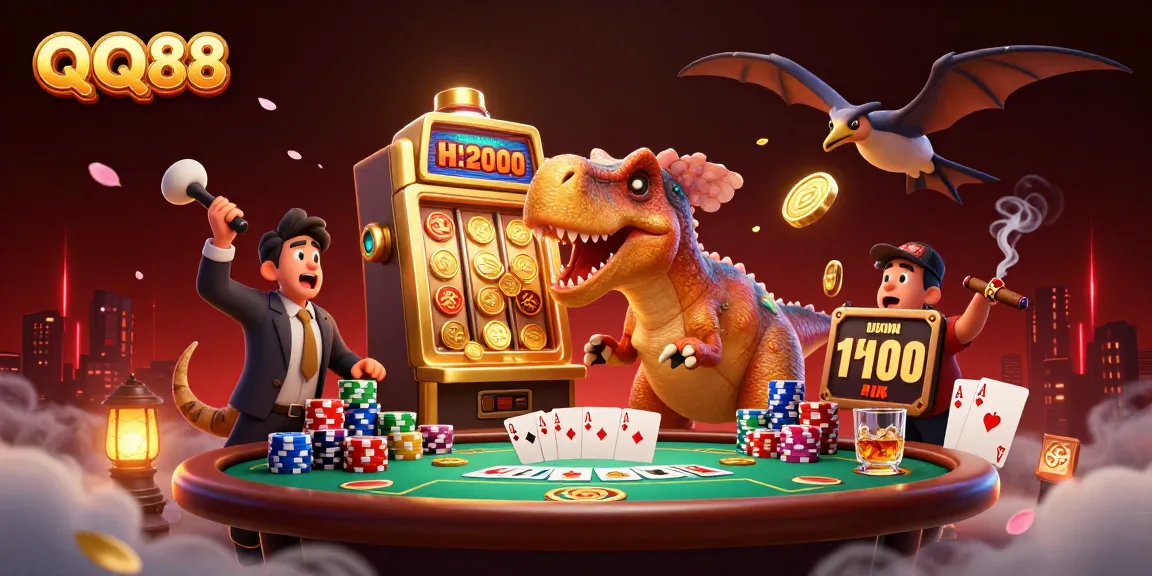Engage with QQ88 as a cartoon pachycephalosaurus wins jackpot coins, while a panicked ankylosaur reacts in a packed casino scene.