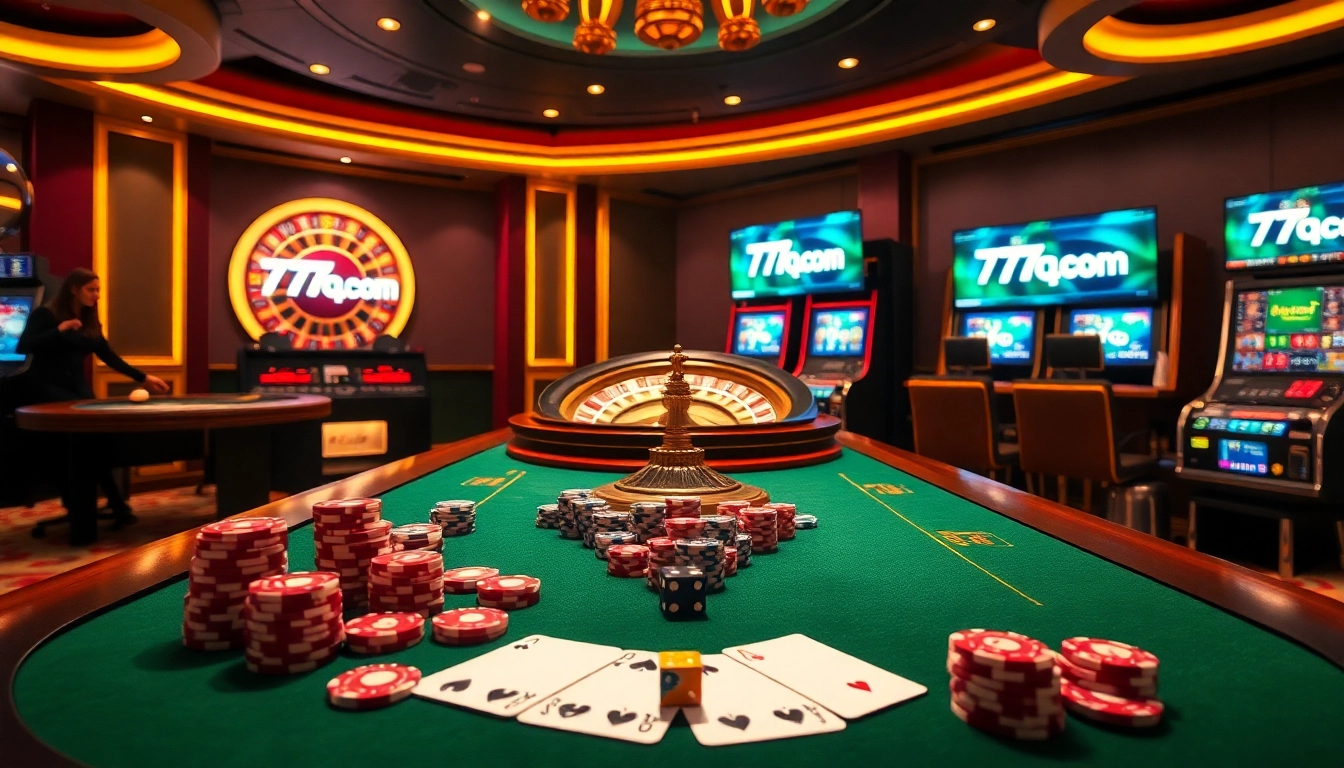 Ação emocionante de jogos de azar na mesa do cassino 77qq com, com cartas e fichas.