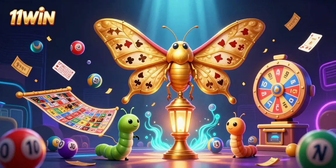Join the thrilling action at 11WIN with vibrant lottery elements and a majestic moth in a rich casino illustration.