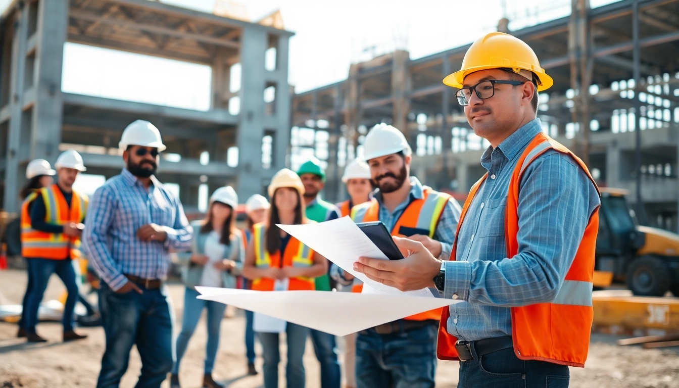 A New Jersey Construction Manager leading a team at a construction site with blueprints.